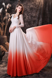 A-Line V-Neck Long Sleeve Ombre Red Lace Wedding Dress