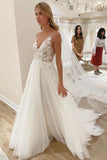 Elegant A line Spaghetti Straps V Neck Tulle Wedding Dresses, Wedding STK20411