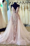 Spaghetti Straps Beads Appliques Deep V Neck Pink Prom Dresses with Detachable Train STK15408