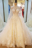 2024 High Neck Wedding Dresses A Line With Beading Appliques Court Train Tulle P5FL3SXJ