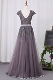 2024 Scoop Tulle Prom Dresses With Applique PHFRHR87