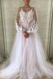 Jewel See Through Long Sleeve Ivory Lace Appliques Prom Dresses, Wedding Dresses STK15520