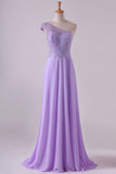 2024 One Shoulder A Line Prom Dress Beaded Tulle And Chiffon Sweep PZH624HG