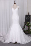 2024 Mermaid V Neck Wedding Dresses Tulle With Applique Chapel PH5GH3C7