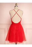 A Line V Neck Short Red/Burgundy Tulle Prom Dresses P43NMLDN