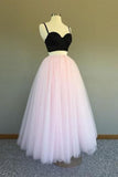 A Line Two Pieces Spaghetti Straps Black And Pink Prom Dresses, Formal STK20386