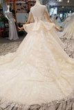 2024 Luxury Wedding Dresses High Neck A-Line Lace Half Sleeves Open Back PQB1S7T4