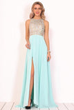 2024 Prom Dresses Scoop Chiffon With Beads And Slit A Line P11YR944