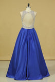 2024 Royal Blue Scoop Open Back Beaded Bodice A Line Prom Dresses Satin & Tulle PNTPD6G1