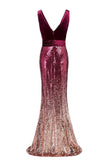 Sexy Sequins Mermaid V Neck Burgundy Velvet Long Prom Dresses Backless Evening Dress STK15352