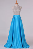 2024 Open Back Halter Beaded Bodice Prom Dresses Satin PYLMX6BC