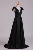 2024 Deep V-Neck Evening Dresses A-Line Satin With Bow-Knot & PKC7Q35C