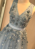 Blue Tulle Flowers Beaded Evening Dresses A Line V Neck Long Prom Dresses