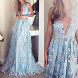 V-Neck Sleeveless Blue Tulle Appliques Long A-line Sleeveless Prom Dresses