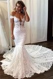 Sexy Off the Shoulder Lace Mermaid Ivory Wedding Dresses, Long Bridal Dresses STK15344