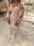 Long Sleeve Sparkly Mermaid V Neck Beads Wedding Dresses With Applique STK15249