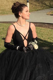 Charming A Line Black Spaghetti Straps Tulle V Neck Prom Dresses, Long Evening Dresses STK15501