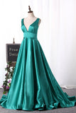 2024 V Neck Evening Dresses A Line Satin Sweep Train P2Y81L9Q