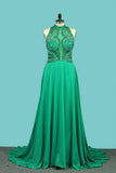 2024 High Neck A Line Chiffon Beaded Bodice Open Back Prom Dresses