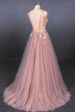 Elegant Pink V Neck Sleeveless Tulle Prom Dress with Appliques, A Line Tulle Evening Dresses STK15191