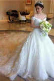 Amazing Off The Shoulder Ivory Lace Tulle Long Wedding Dresses PMMT97Z2