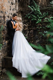 Elegant A Line Illusion Beads V Neck Tulle Long Backless Wedding Dresses Prom STKP8CG9KC9