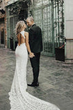 Charming Sheath Lace Bridal Gown with Slit Open Back Ivory Boho Wedding Dresses STK15124