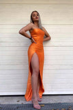 Simple Strapless Mermaid Orange Prom Dresses with High Split, Floor Length Formal Dress STK15402