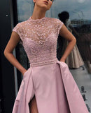 Charming High Neck Beading Satin Pink Cap Sleeves Prom Dresses with Split, Dance Dresses SRS15100