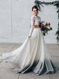 Elegant Two Pieces Chiffon Long Sleeves Wedding Dress with Lace Appliques STK15209