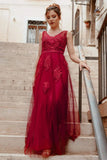 Elegant V Neck Burgundy Beads Appliques Lace Evening Dresses, Long Prom Dresses STK15211