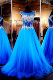 2024 Open Back Scoop Prom Dresses Tulle With Beading Sweep Train P4DEFQC9