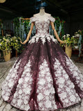 Ball Gown Off the Shoulder V Neck Satin Prom Dresses with Hand Made Flowers, Quinceanera Dress STK15064