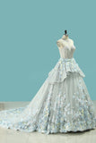 2024 Wedding Dresses High Neck Court Train Tulle With Applique Lace PMBFGB1J