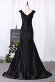 2024 Mermaid Evening Dresses Cap Sleeves Satin With Beading P44PFLBC