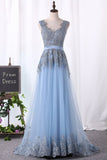 2024 Prom Dresses A-Line V-Neck Floor-Length Tulle PAHQXATQ