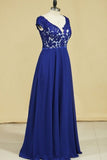 2024 V Neck Prom Dresses Cap Sleeves Chiffon With Applique PEENDYB8