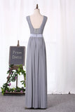 2024 Evening Dresses A Line V Neck With Ruffles And Sash Floor P91SPHQG