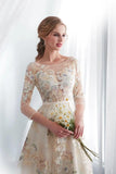 Charming A Line Floral Scoop Prom Dresses 3/4 Sleeves Empire Waist Long Evening Gowns STK15088