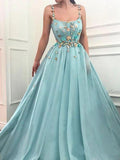 Elegant A Line Spaghetti Straps Tulle Scoop Prom Dresses with Appliques, Formal Dresses STK15512