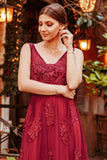 Elegant V Neck Burgundy Beads Appliques Lace Evening Dresses, Long Prom Dresses STK15211