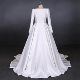 Ball Gown Long Sleeve White Satin Wedding Dresses, Long Simple Wedding Gowns STK15060