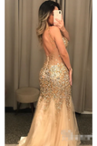 Gold Beaded Glistening Illusion V Neck Party Dress Backless Mermaid Long Prom STKP9TPGCT9