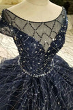 2024 Prom Dress Ball Gown Bateau Cap Sleeves Dark Navy Lace P1B27EEP