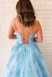 Unique A-Line Sky Blue Tulle Appliques Beads Scoop Prom Dresses with Lace STK20453