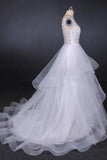 Elegant V-neck Tulle Open Back Wedding Dresses, Asymmetrical Long Bridal Dresses STK15217