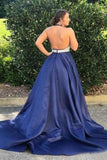 2024 Prom Dress Halter Satin With Beads&Sequins Open Back PT7THRB1