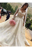 V-Neck Long Sleeves Ball Gown Wedding Dress With Appliques STKP2F2SCZH