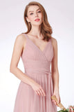 Simple A Line Pink V Neck Tulle Sleeveless Prom Dresses Long Bridesmaid Dresses STK15383