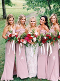 Dusty Pink Chiffon Sheath Off Shoulder Long Bridesmaid Dresses, Wedding Party Dresses STK15141